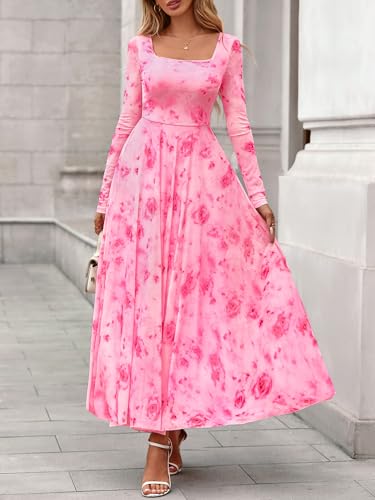 BTFBM Women Maxi Dress Fall 2025 Fashion Elegant Long Sleeve Square Neck Floral Print Party Club Wedding Guest Dresses