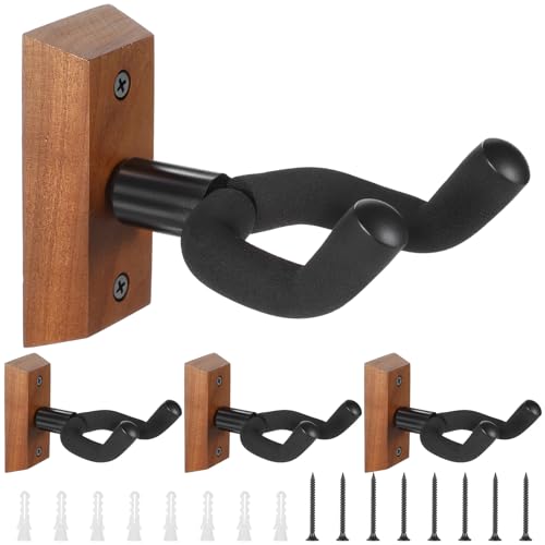 Guitar Wall Mount 4 Pack, Black Walnut Wood Guitar Holder with Rotatable Soft Guitar Hook for All Size Guitars, Hardwood U-Shaped Guitar Wall Hanger Mount for Acoustic Electric Guitar Bass Banjo