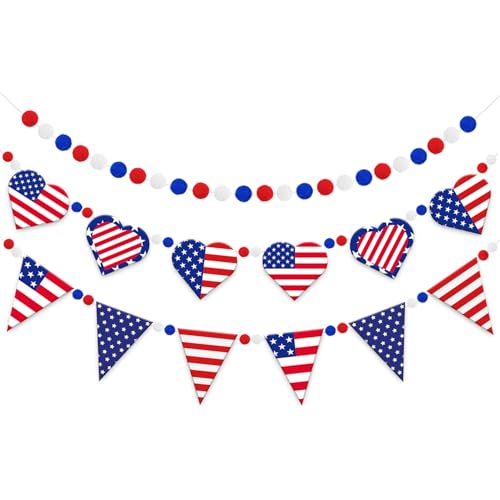 Image of Doumeny 3Pcs Independence Day Felt Garland Patriotic Heart Felt Banner American Flag Pennant Bunting USA Red White and Blue Pompom Bunting 4th of July Party Banner for Home Wall Mantel Fireplace Decor