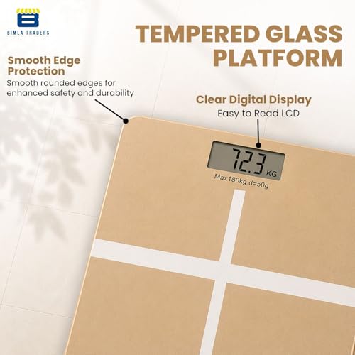Image of Btag Premium Digital Body Weight Scale | 26x26 cm Wide Platform | Clear LCD Display | Anti-Skid Base | 180 kg Capacity Cross Design (Camel)