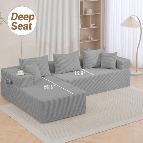 Image of 105'' Cloud Sectional Couch, Modular L-Shaped Boneless Sectional Sofa, Corduroy Deep Seat Couch, Small Space Sofas for Living Room Bedroom Apartment, No Assembly, Grey