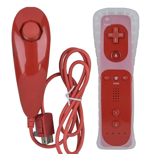 ZWP Replacement Remote Controller for Wii & Wii U, Built-in 2 in 1 Motion Plus with Silicon Case and Nunchuck (Red)
