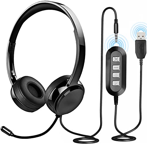 Vividtone USB Headset, 3,5mm Computer Headset mit Noise Cancelling Mikrofon, Inline-Steuerung, Stummschaltung, kabelgebundenes PC Office Business für Laptop/Callcenter/Handy/Skype/Klasse, Schwarz Cover