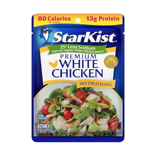 Image of StarKist 25% Less Sodium Premium White Chicken, 2.6oz Pouch, 12-Pack | 13g Protein Per Serving, Fully Cooked White Meat, Gluten Free, No Draining, Ready to Eat for Salad and Sandwiches