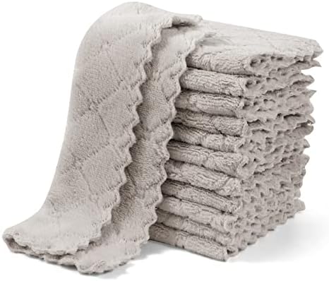 UMANI 12 Pack Kitchen Dish Cloths, Ultra Soft Absorbent Quick Drying Dish Towels, Nonstick Oil Microfiber Cleaning Cloth, Machine Washable Coral Fleece Cleaning Rags (Grey)