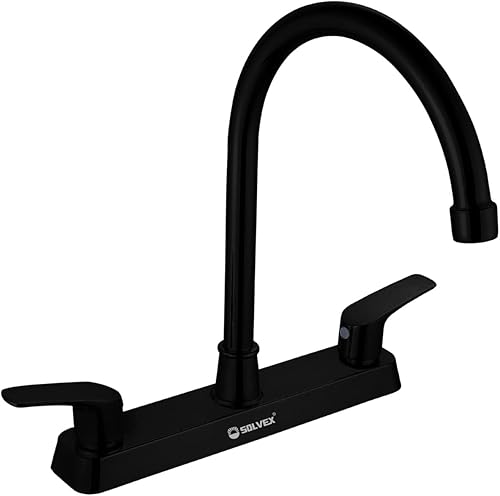 SOLVEX Grifo de Fregadero de Cocina de 2 Manijas, Cromado Moderno de Alta Calidad con Arco de 360 Grados, Acabado en Negro Mate, Acero Inoxidable, 3