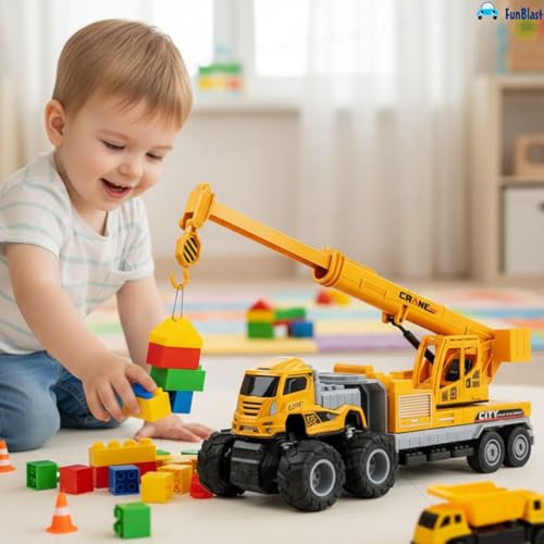 Image of FunBlast Friction Powered Crane Toy Truck - 1:43 Scaled Model Metal Engine Truck Toys, Vehicle for Kids with Rotating Boom & Hook, Engineering Toy for Boys (Multicolor)