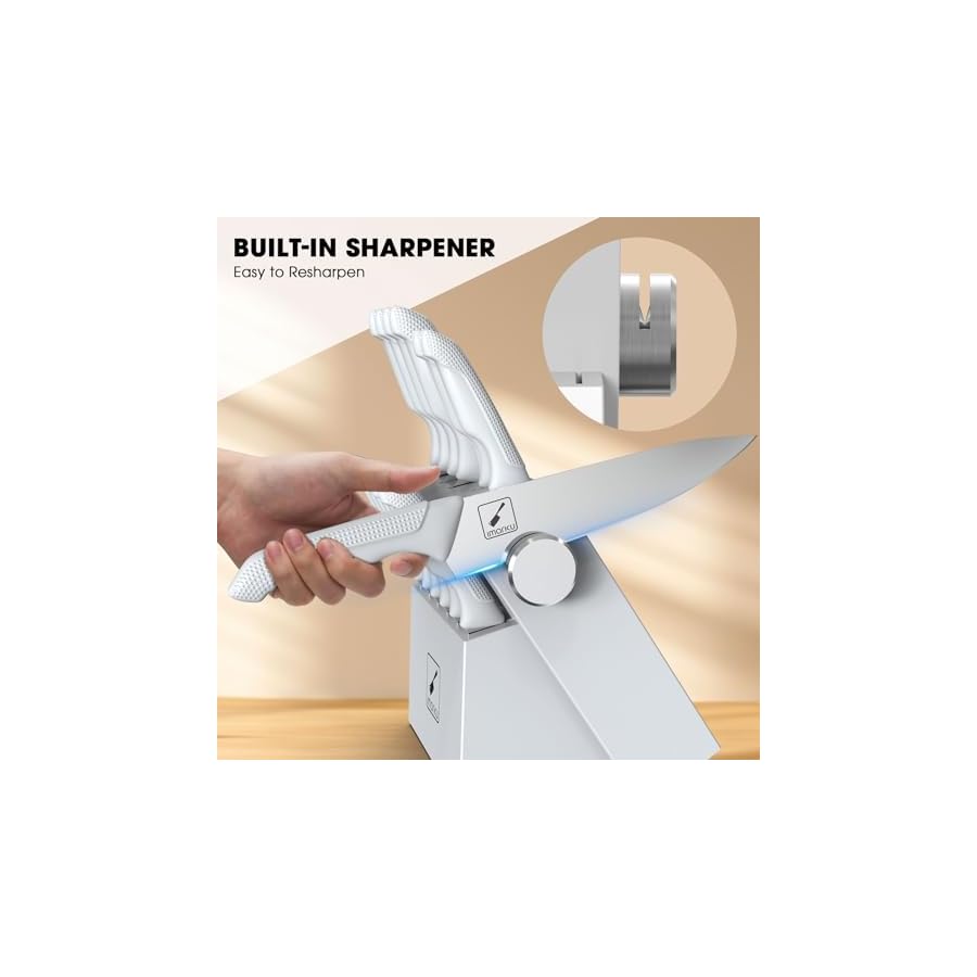 imarku Knife Set White, Sharp Knife Set with Block and Sharpener, Professional Stainless Steel Kitchen Knife Set with Non-Slip Ergonomic Handle, Dishwasher Safe, New Year Gifts for Men Women, 14pcs