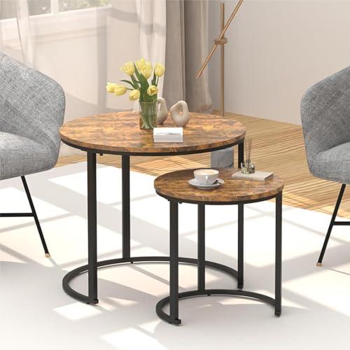 Coffee Table Nesting Table Set of 2 Side Set Black Frame Wooden Tables, Living Room Bedroom Apartment Modern Industrial Simple Nightstand (Black+Rustic Brown) - Image 3