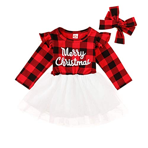 Image of Baby Girl Christmas Clothes Long Sleeve Tulle Tutu Dress Red Plaid Dress Kids Christmas Princess Outfits 6M-5T (Red Plaid, 6-12M)
