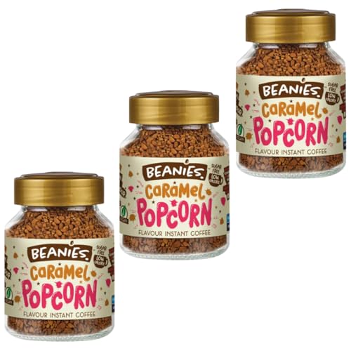 ビーニーズ キャラメルポップコーン 50g 3個 BEANIES インスタントコーヒー フレーバーコーヒー キャラメル風味 粉末 低カロリー ノンシュガー ビーガンドリンク イギリス産 7RabbitRiograndeオリジナルステッカー付 【商標登録番号