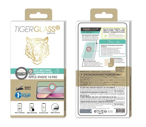 Protector de pantalla para iPhone 14 Pro contra bacterias y golpes Tiger Glass Plus