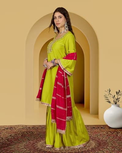 Image of Amazon Brand - Tavasya Women Silk Blend Zari Sequence and Thread Embroidered Kurta with Sharara Set |Ethnic Wear