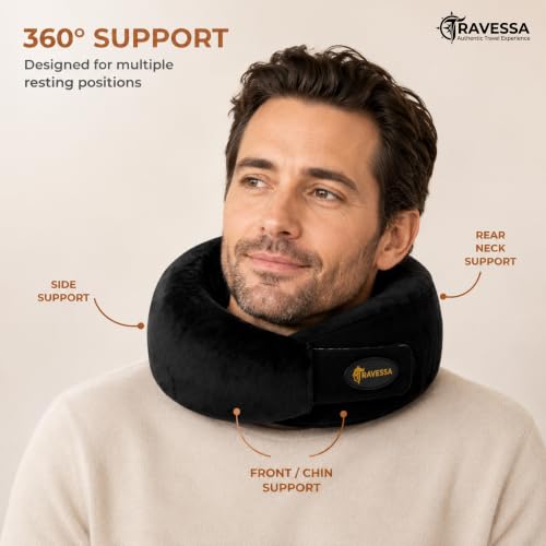 Image of TRAVESSA Memory Foam Neck Pillow | Travel Neck Pillow for Pain Relief | Ergonomic Airplane Neck Pillows | Adjustable & Washable Travel Pillow for Flight and Car with Free Travel Pouch | Soft Black