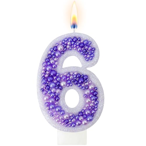 AEYSYU Purple Number 6 Cake Candle with Pearl Decor, Glitter Birthday Cake Topper Candle for Milestone Celebration, Lavender Decorative Number Candle for Dessert Table Decor