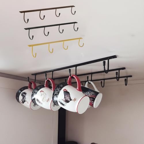 Image of Mug Hanger Under Cabinet Set of 3 | Metal Coffee Cup Hooks Rack | Wall Mounted Mug Holder for Kitchen, Dining & Bar | Space Saving Organizer (Black)