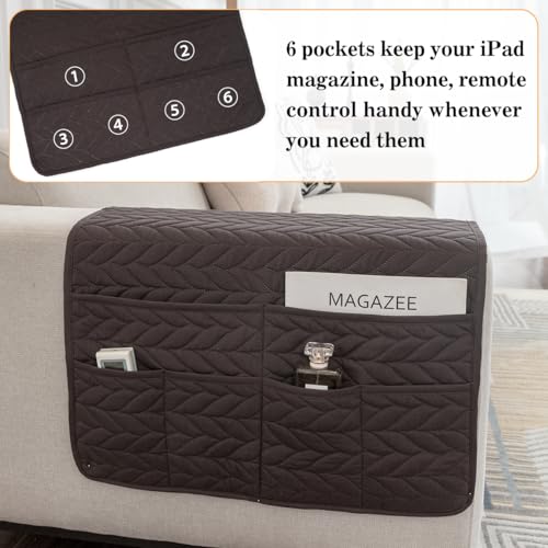 HADEEONG Sofa Armrest Organizer Arm Chair Caddy for Recliner, Remote Control Holder for Recliner, Non-Slip Armchair Caddy with 6 Pockets Storage for Magazine, Chocolate by HADEEONG - Image 2