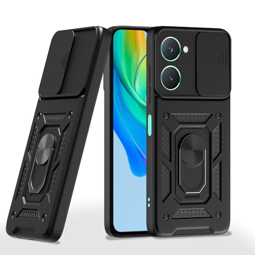 Image of Pikkme D10 Tough Armor Bumper Case | 360 Protection Case | Sliding Camera Shield Cover & Ring Holder Stand Back Cover for iQOO Z9 Lite 5G / Vivo T3 Lite 5G / Vivo Y18 / Y18e / Y03 (Black)
