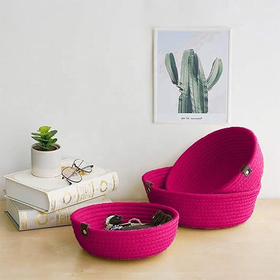 Image of Handmade Jute Cotton Storage Baskets Set of 3 for Dining Table, Fruit Basket & Roti Bowl, Cane Style Organizer for Kitchen, Home Decor, Washable Multipurpose (Rani Pink)