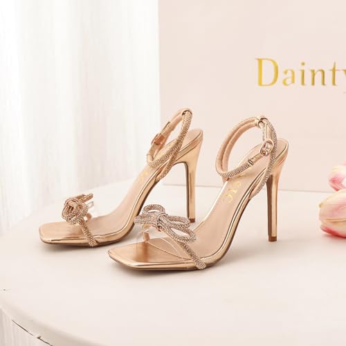 Image of Women's Double Bowknots Heels Crystal Sandals, Silver Strappy High Heels for Women Open SquareToe Clear Heels Wedding Shoes Ankle Strap Crystal Rhinestonefor