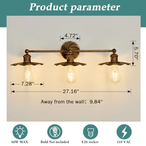 Image of ZGLAOJT 3 Light Vintage Vanity Light Oil Rubbed Bronze Bathroom Light Fixtures Over Mirror.