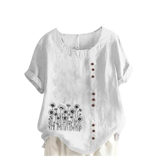 Haut Femme Coton Et Lin Chemisier Col en V Bouton Manches Courtes Tops Couleur Unie LâChe Respirant T-Shirts Grande Taille Pas Cher Tunique Coton Lin Femmes Cadeau Chemisiers et Blouses Ventes Flash
