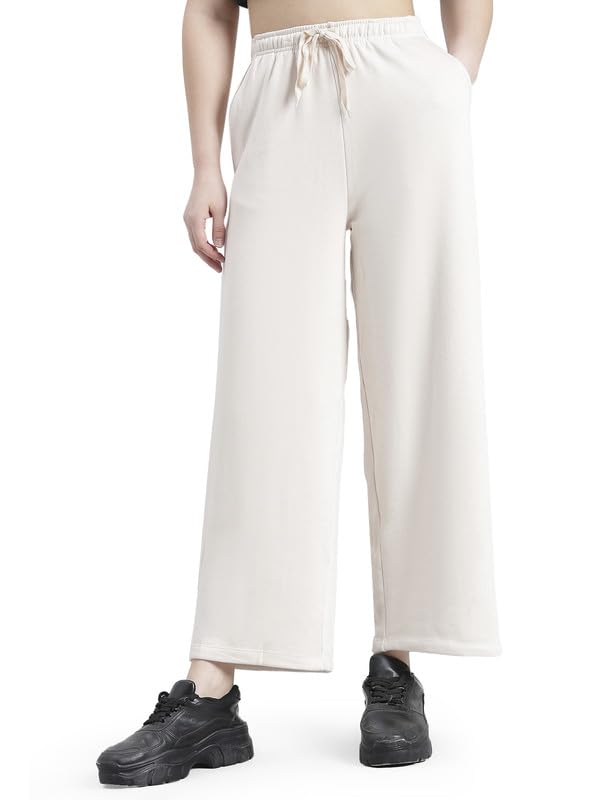Image of GO COLORS Polycotton Fleece Wide Pants for Women | Relaxed Fit, High Rise