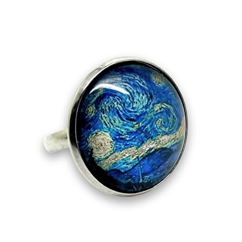 Anillo de fantasía ajustable para mujer, de acero inoxidable, cabujón de vidrio, vintage, retro, original, conjunto «La noche estrellada», Van Gogh, pintura, pintor, azul, negro (ref.15a)