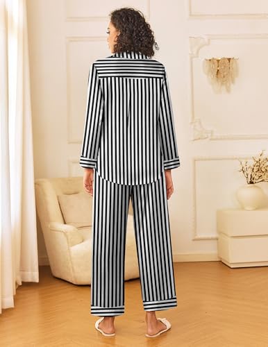 Image of Ekouaer Womens Silk Satin Pajama Sets 2 Piece Sleepwear Pjs Set Long Sleeve Button Down Top and Pants Stripe Loungewear S-XXL
