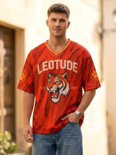 Image of LEOTUDE Men's Tiger Graphic Printed Oversized T-Shirt | Bold Red Sports Jersey Style Tee | V-Neck Half Sleeve Casual Streetwear for Men's (Color:Red)