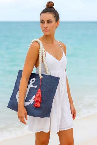 Spacious Navy Anchor Canvas Beach Tote Bag with Metallic Text & Rope Handles – Summer Travel & Poolside Accessory2