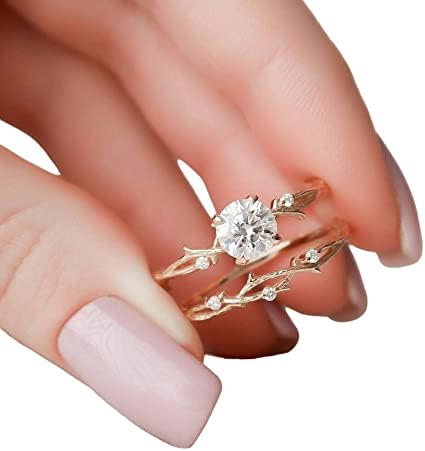 SilverDia 2 Ct Round Cut Diamond Women's Twig Wedding Band Engagement Ring Set 14K Yellow Gold Finish Handmade Fine 925 Sterling Silver Stacking Matching Anniversary Gift For Her