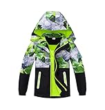BuyiRen Boys Windbreakers Jacket Rain Jackets Hooded Raincoat Fleece Lined Rain Coats for Kids, Green Geo Camo, 10-11 Years