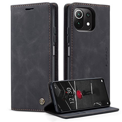 CaseMe Handyhülle für Xiaomi 11 Lite 5G NE/Mi 11 Lite 4G/5G Hülle Premium Leder Klappbar Flip Case Magnet Kartenfach Standfunktion Tasche Schutzhülle für Xiaomi Mi 11 Lite 5G/4G/5G NE - Schwarz
