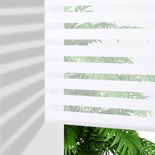 Joydeco Cordless Zebra Blinds for Windows, Dual Layer Light Control Window Blinds with Light-Proof Aluminum Cover, Free-Stop Roller Shades for Home & Office,(Custom Size,White)