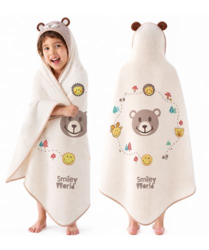 SMILEYWORLD Kids Hooded Beach Towels Poncho, 45" x 45" Large Oversized Bath Towe...
