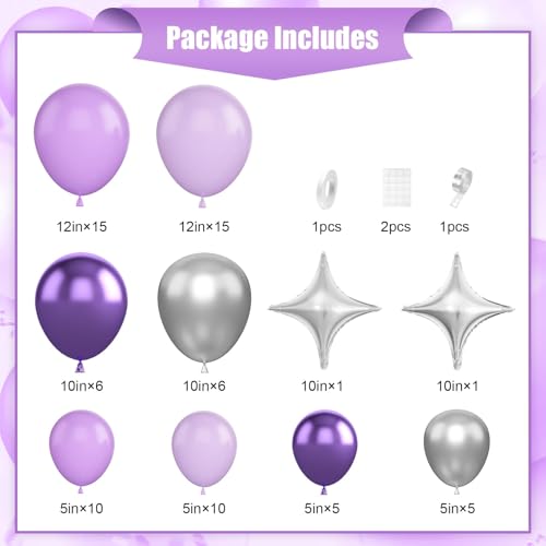 Image of Purple Silver Balloon Arch Kit, Lavender Lilac Balloon Garland for Birthday | Metallic Purple Silver Balloons with Four Star Foil Balloons for Girls Women Wedding Birthday Baby Shower Party Decorations