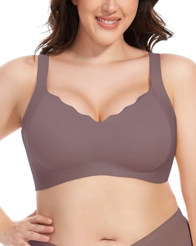 Quttlzze Scalloped Lift Bras for Women No Underwire Buttery Soft Push Up Wireless Bras V Neck Seamless Bralettes Grey,L