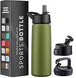 BREFR Triple-Insulated Stainless Steel Water Bottles with Straw, 25 Oz Reusable Insulated Water Bottles with 3 Lids, Metal Water Bottle for Travel, School, Sports, Gym/Men, Women & Kids (Army Green)