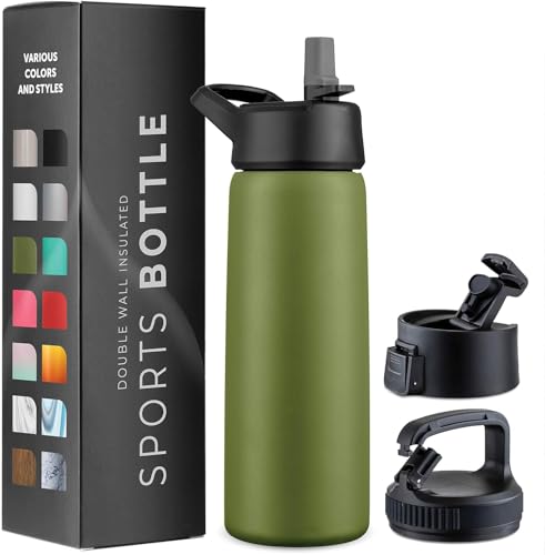 BREFR Triple-Insulated Stainless Steel Water Bottles with Straw, 25 Oz Reusable Insulated Water Bottles with 3 Lids, Metal Water Bottle for Travel, School, Sports, Gym/Men, Women & Kids (Army Green)