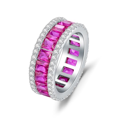 EUSJ 925 Sterling Silver Princess Cut Pink Sapphire Wedding Engagement Ring Full-Channel Set CZ Eternity Anniversary Band Ring White Gold Plated 7MM Stackable Rings for Women Size 6