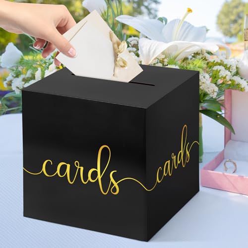 Image of Hooqict Black Card Box with Slot 9.1 inch Gold Foil Gift Card Box for Party, Graduation, Wedding Reception, Birthday, Bridal or Baby Shower, Raffle Ticket Money Envelope Holder