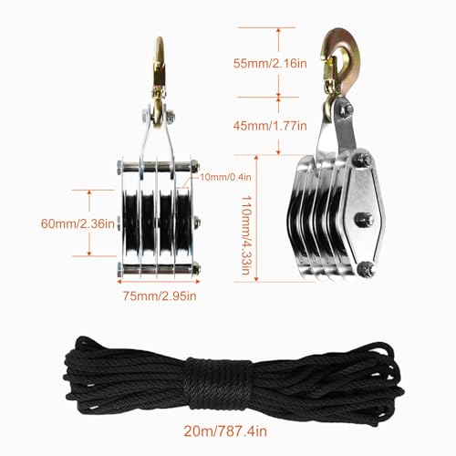 Sistema De Poleas para Elevación Y Manipulación. Sistema De Poleas De 4 Ruedas con Cable para Carpa De Cultivo. 65 Pies. Relación De Elevación 8:1. Ideal para Artíc,Black