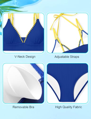 Image of KANGKANG Girls Swimsuit Bikini Set Solid Color V-Neck Two Piece Bathing Suit with Chest Pad Adjustable Straps Swimwear 7-16T