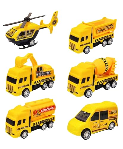 Image of SHAKTISM Construction Vehicle Set of 6 Mini Body Models - Durable Construction Truck Toys for Kids 6 PCS Yellow JCB Construction Vehicle Set, Die-Cast Metal Body, Movable Parts