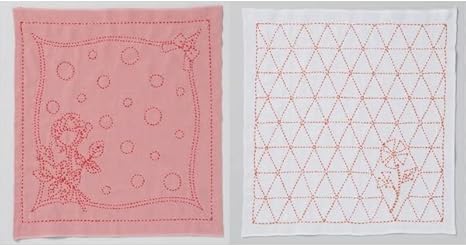 Amazon 花ふきん 刺し子キット 白ピンクの2枚 図案は花とバラの２種 刺し子糸付き 図案プリント済み 布 生地 通販