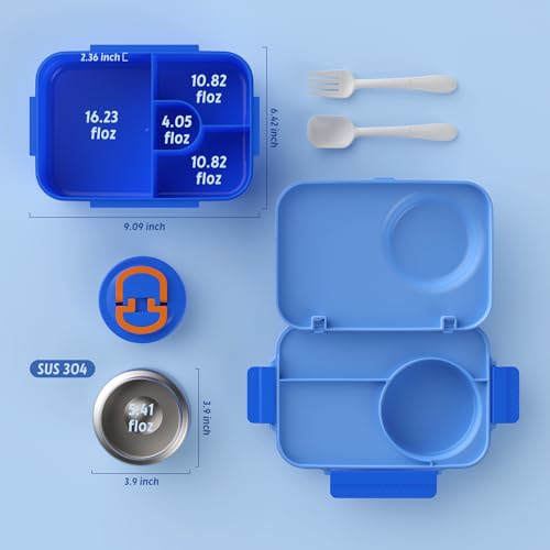 Image of DaCool Upgraded Kids Lunch Box with Thermo for Hot Food 1400ml Child Bento Box for Kids with 5oz Small Thermo for Boys Girls with Fork Spoon Leakproof for Dining Out School Work Picnic, Blue