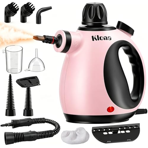 KLONA Limpiador a vapor de mano para el hogar, limpiador a vapor multifuncional con 10 accesorios para alfombras, cortinas, sofás, pasteles, baño y más