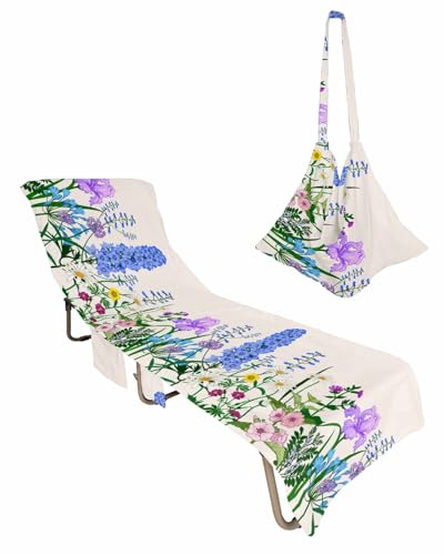 Spring Plants Beach Chair Towel Covers for Chaise Lounge with Side Pocket, Soft Plush Pool Towels Cover for Patio Sunbathing Outdoor 29''x85'' Country French Flowers Herbs Botanical Floral