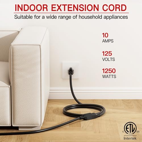 Image of 18 /3 Indoor Extension Cord 6 FT, Black Extension Cord Flexible & Durable, 3 Prong Power Cable, Suitable for Home and Office, 10 Amp 1250 Watt 125VAC 18AWG, ETL Listed